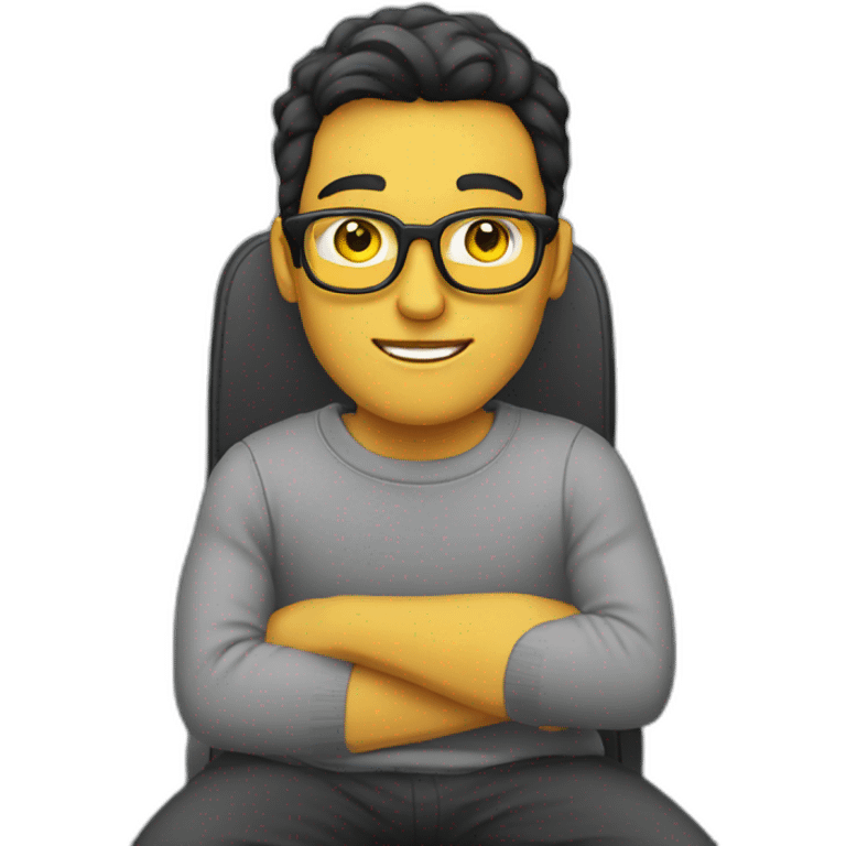 White man with yellow tinted glasses and black hair in a gray jumper and sitting on a chair emoji