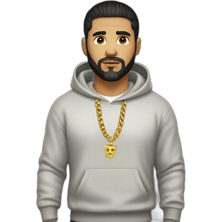 Russian strong thug wearing gold chain with black hair and short beard, mid-fade hairstyle, wearing designer hoodie emoji