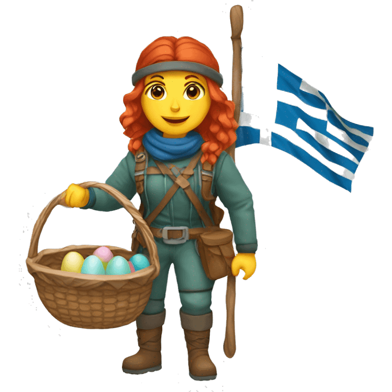 red hair female winter mountaineer with Greek flag and easter basket emoji