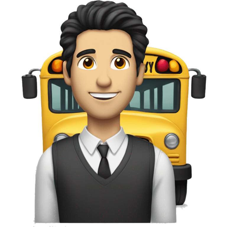 handsome black-haired white man with his hair combed back leaning against the school bus
 emoji