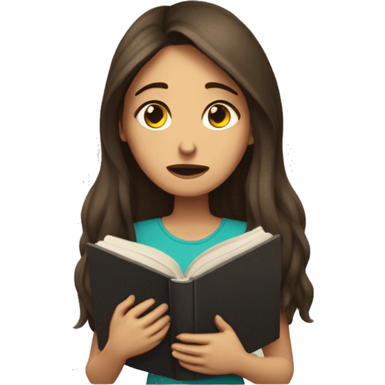 brunette long hair woman crying tears while holding and reading book emoji