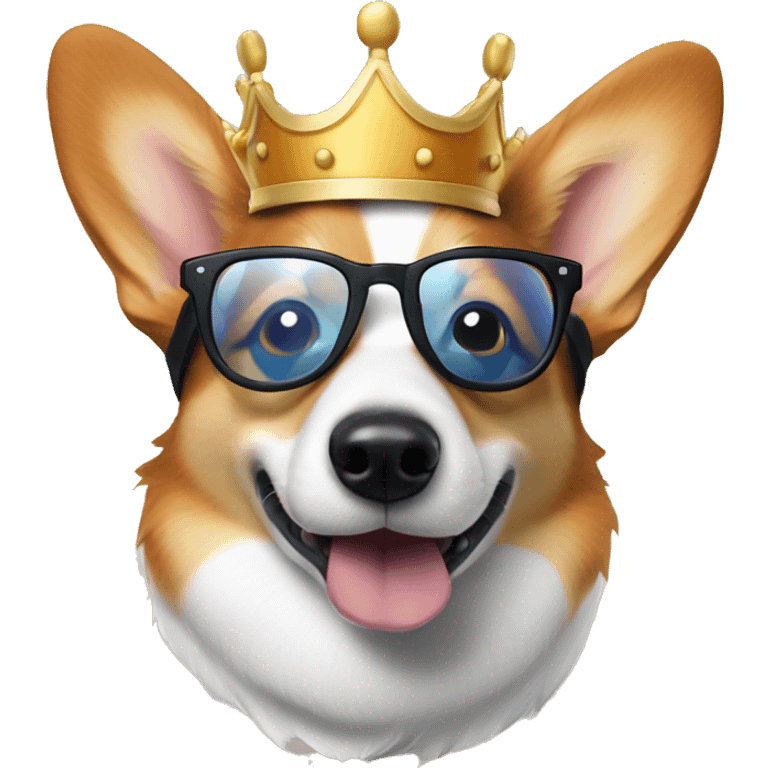 Tri-colored Corgi with a crown and round glasses sniffing the screen emoji