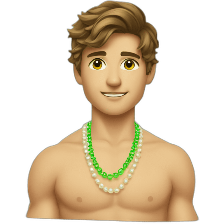 Posh-muscle-boy-brown-hair-green-eyes-pearl-necklace-in-golden-bathtub emoji