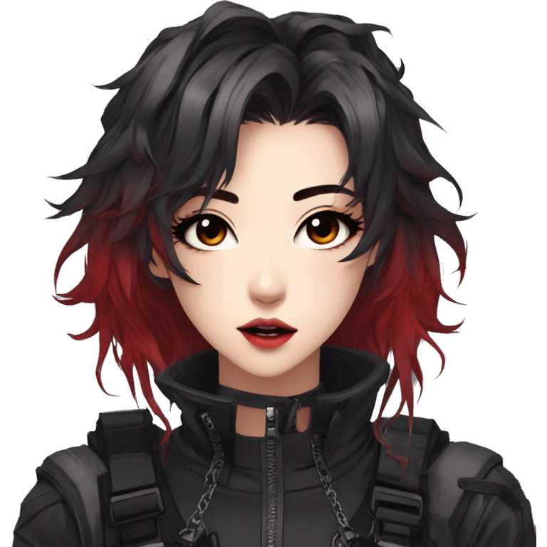 Gorgeous techwear anime style lady with blushing face aesthetic and pretty edgy black red punk messy hair with collar and harness trending style emoji