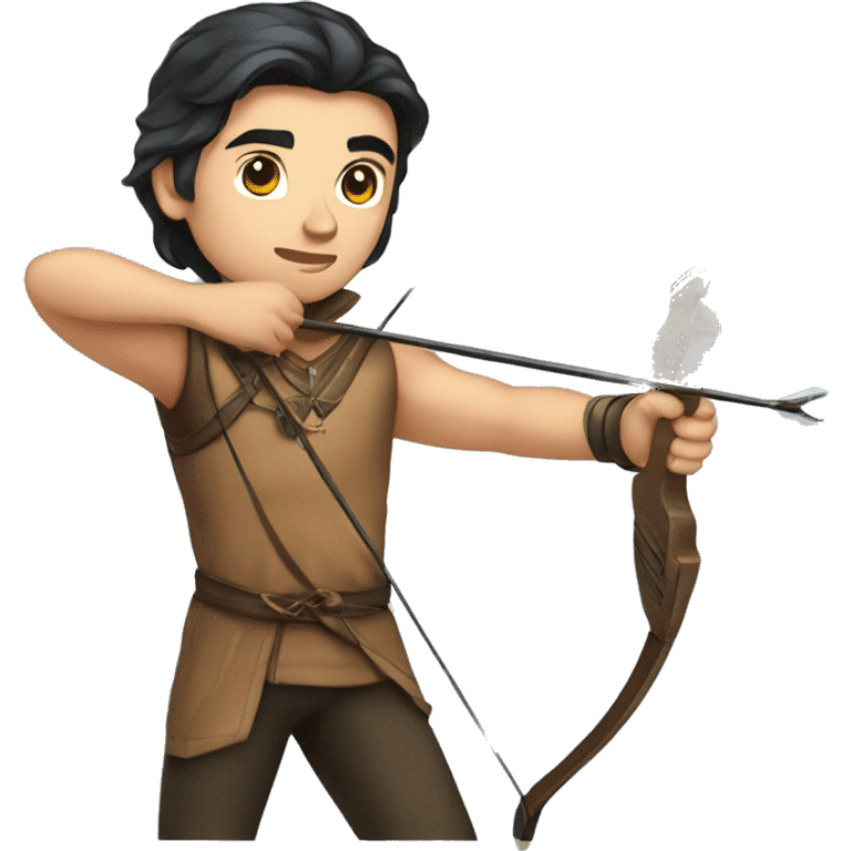 a male archer aiming with a bow in his hand but no arrow, dark hair, bright skin, emoji