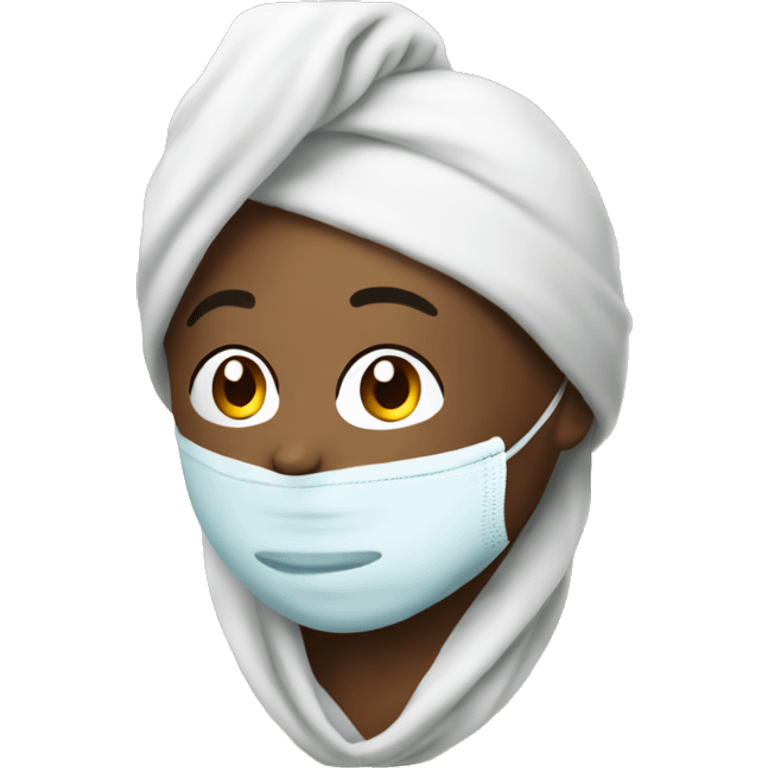 Person what a face mask on their face and a towel on their head emoji