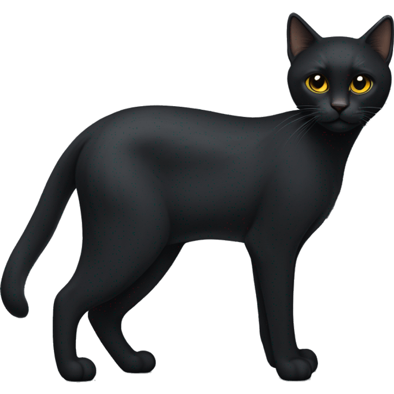 A petite, solid black sleek furred cat. Light yellow eyes. Black pointed tufts of long fur at only the very tip-top points of its ears. Fully body and no other color markings. Facing forward and standing with ears slightly tilted. emoji