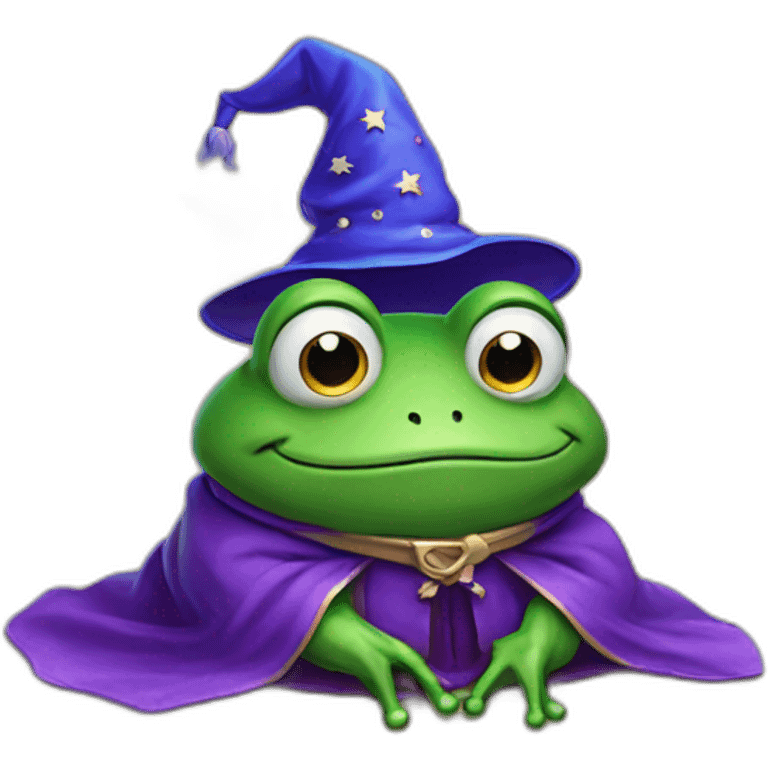 A frog wearing a purple robe and a blue wizard hat with stars on it emoji