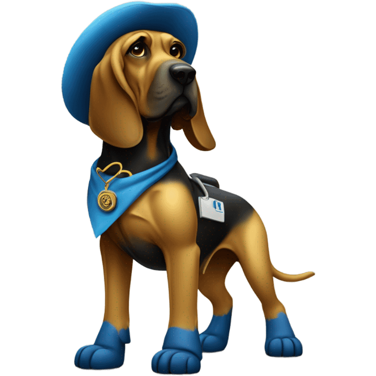 Full body Gold and blue bloodhound as a doctor policeman with JJC monogram. emoji