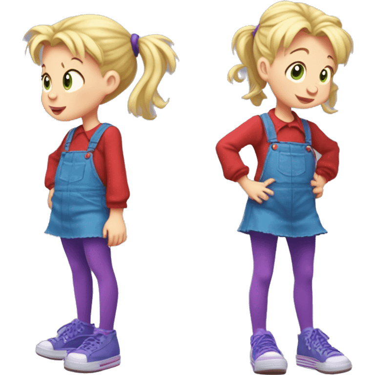 A little blonde girl with pigtails and little purple bows wearing a red long-sleeved shirt and purple overalls skirt with blue tights with green polka dots and purple sneakers, full body, rugrats emoji