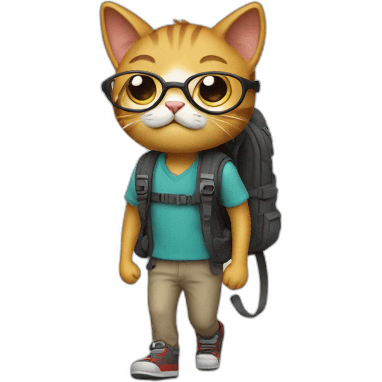 A cat walks along the road with a backpack wearing glasses and a crying emoji