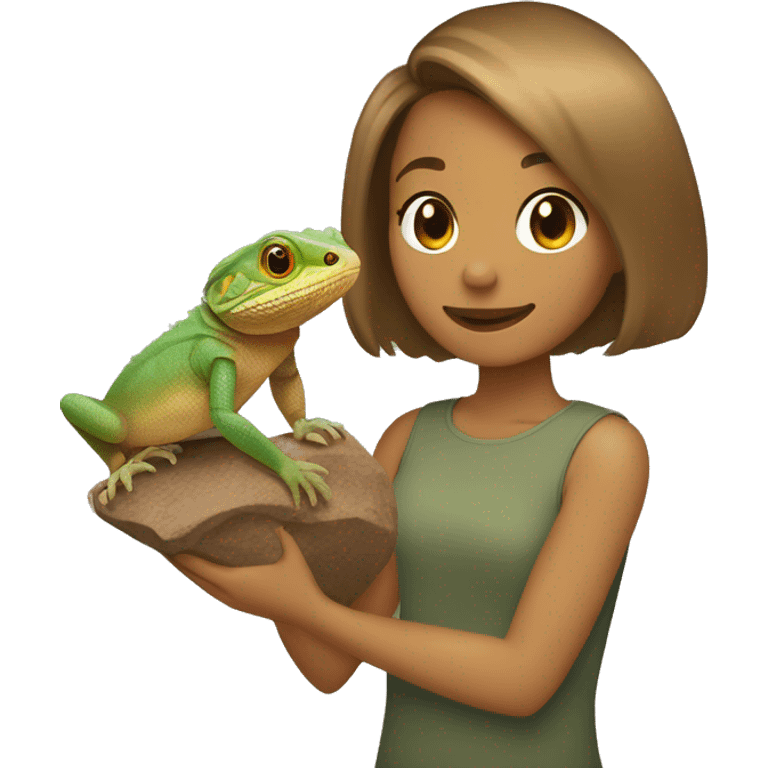 girl with light brown bob haircut holding bearded dragon lizard emoji