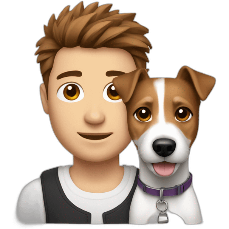 Man with modern cut spiky brown hair with jack russell terrier dog emoji