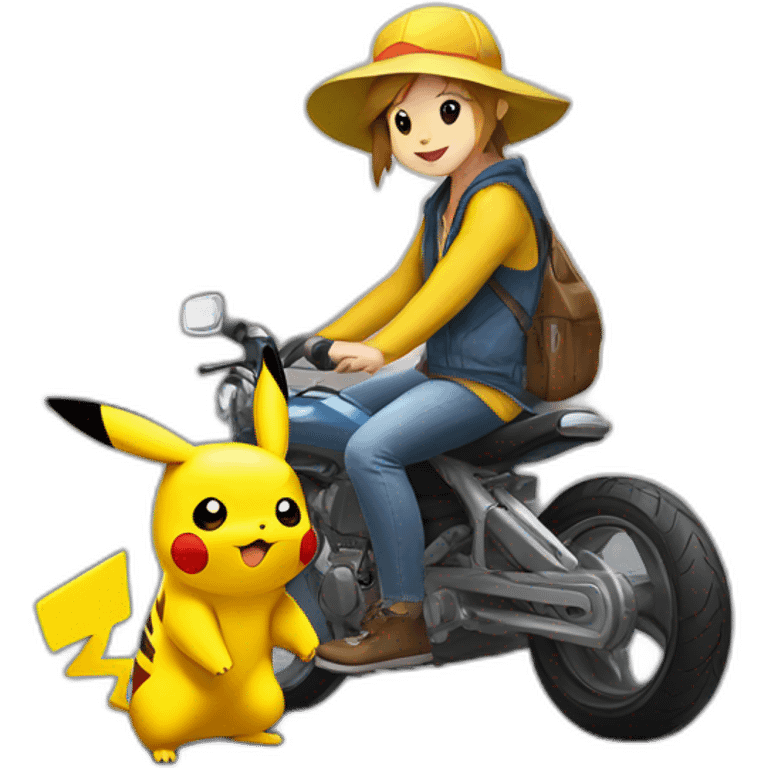 Pikachu en moto en train de faire une roue emoji