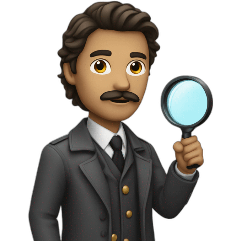 detective using a magnifying glass, black high neck, long hair, Guy, with a light mustache, and wearing a long coat, and racism should be light brown skin emoji