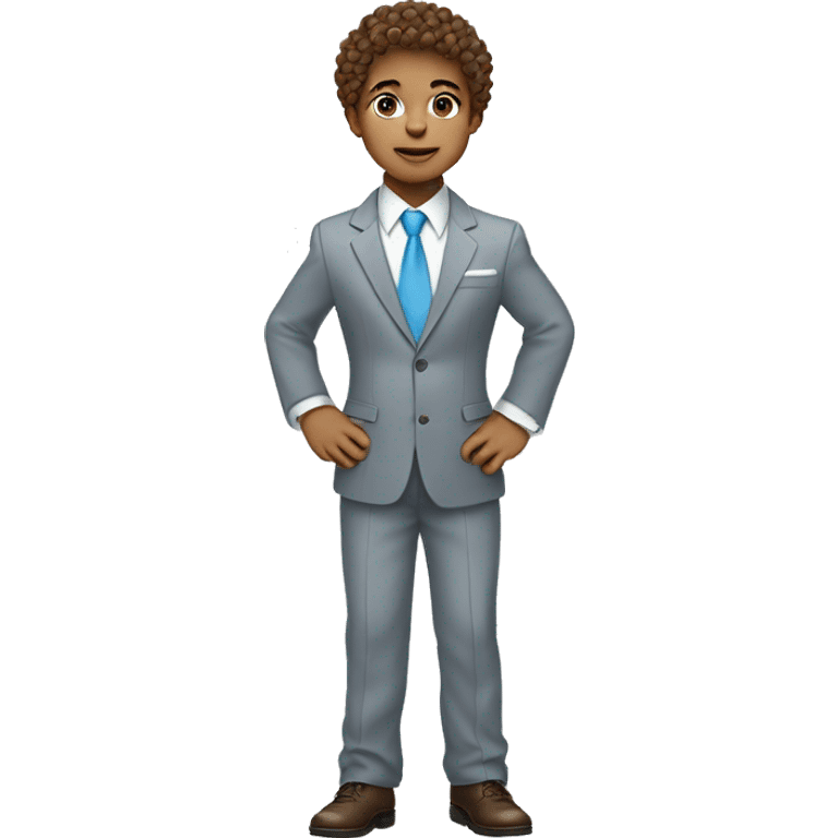 Little young  gentleman wearing a grey suit with white shirt and baby blue tie with blue eyes ,  very white  skin and brown curly hair and full body . Wearing a watch  emoji