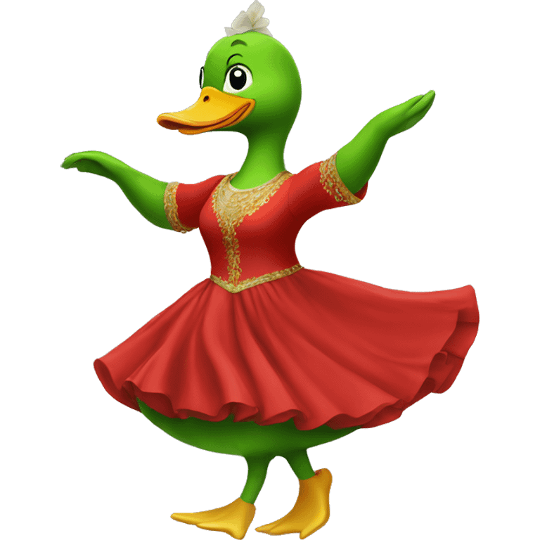 Dancing green duck wearing red dress emoji