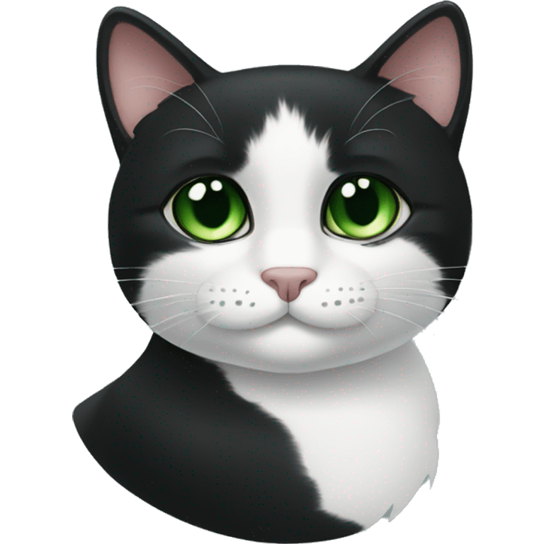 A black cat with green eyes with a black face, little white chin, with a thin white stripe on the nose on the right side, with a white breast and white paws emoji