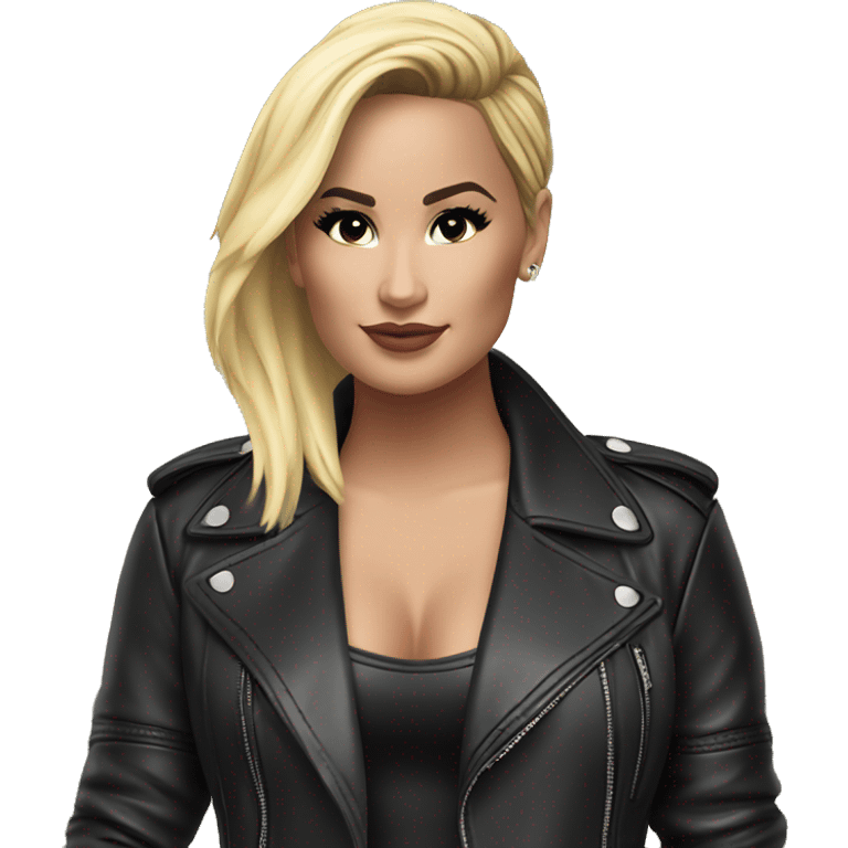 blonde Demi Lovato in leather jacket outdoors pointing emoji