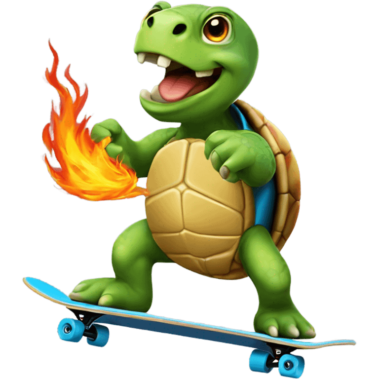 Turtle breathing fire riding a skateboard emoji