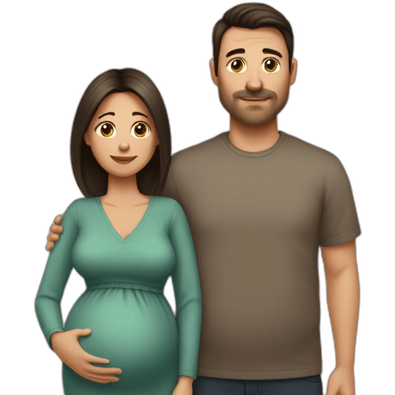 Husband (no mustache, no beard) and pregnant wife have dark brown haircut emoji