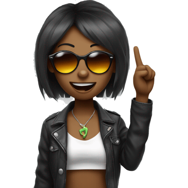 girl with sunglasses sticking out their tongue like a heavy metal guy and holding up the ILY hand sign emoji