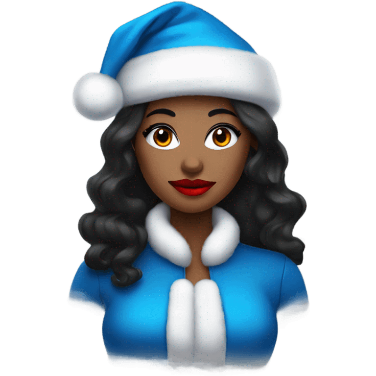 Black haired lady with bright red lipstick and blue eye shadow.  Wearing a Santa hat emoji