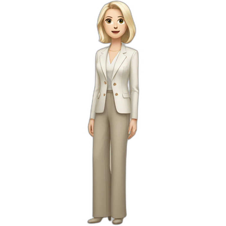 Full height Actively gesturing with hands pale skin woman with ash blonde Straightened bob Hair, White Spacious classical jacket, beige palazzo Arrow pants and gray blouse emoji