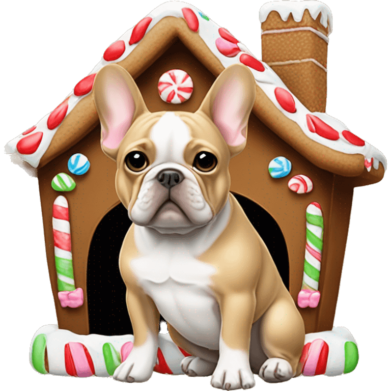 Tan French bulldog in gingerbread house emoji