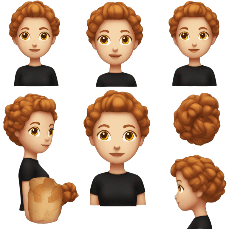 ginger woman with messy bun hair wearing black emoji