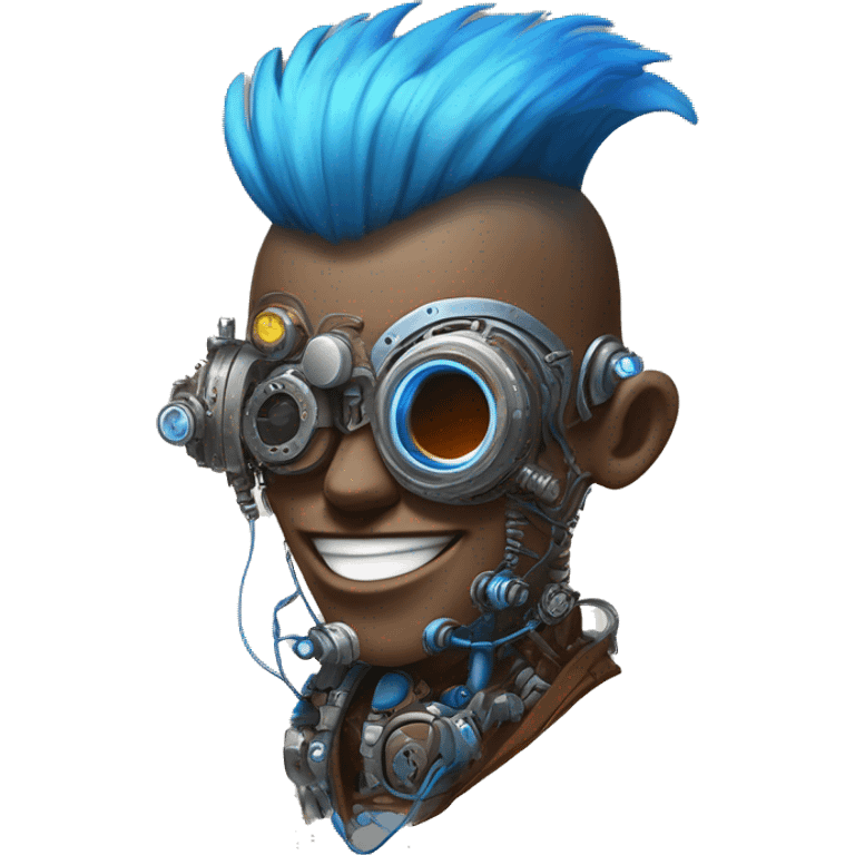 Brown cyborg head with blue Mohawk, blue beard, silver steampunk monocle goggles a smile and circuits emoji