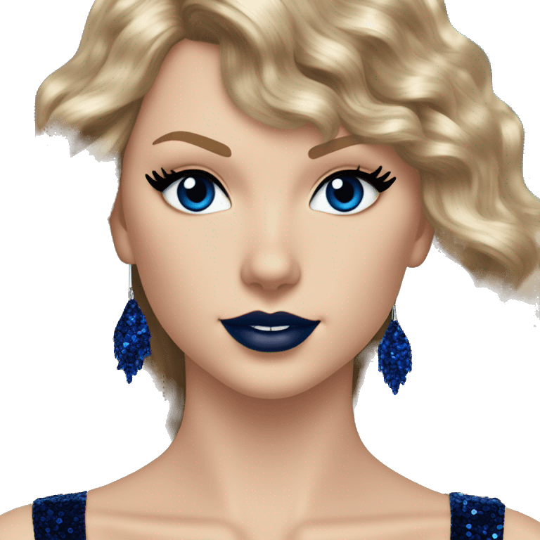 Realistic Taylor swift wearing navy blue glittery sequin bodysuit with tassels and gems and long hair with red lipstick and blue eyes  emoji