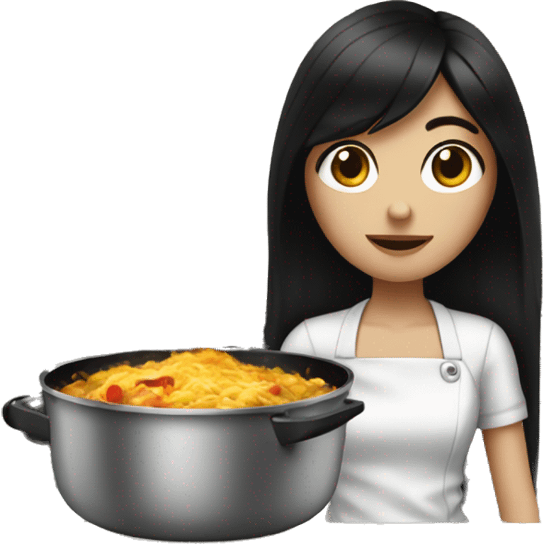 Pale girl with long black hair cooking dinner  emoji