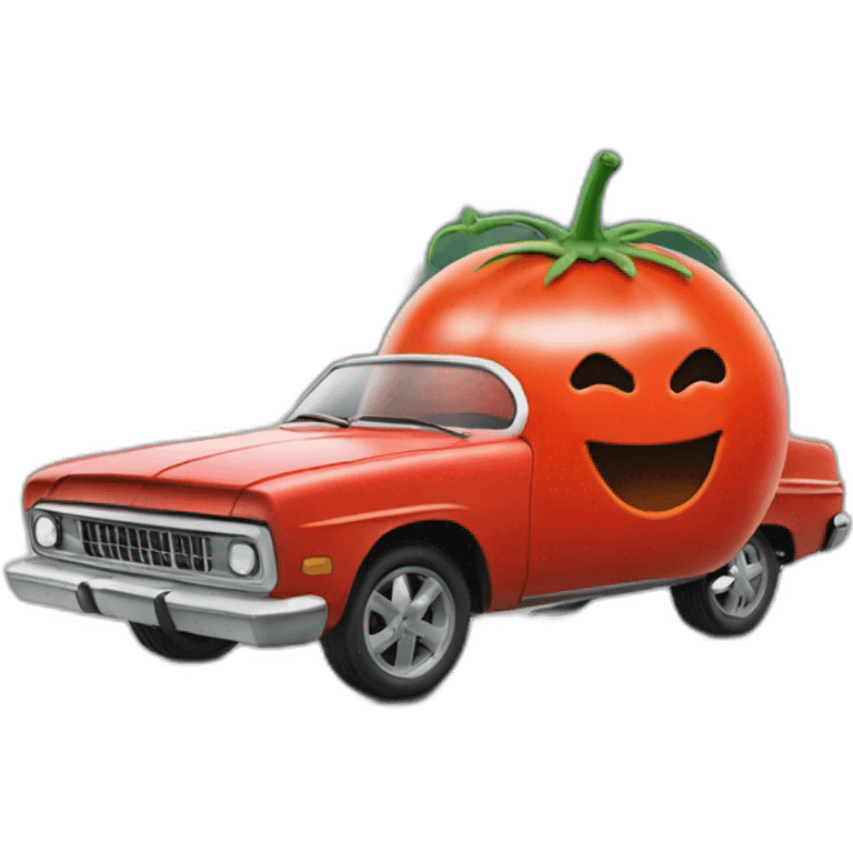 car made out of a tomato with a smiling grill face emoji