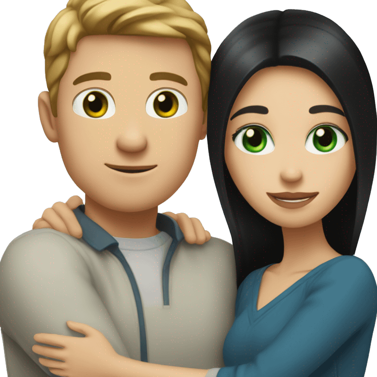 White man with blue eyes and BROWN hair hugging white woman with long straight black hair and green eyes emoji