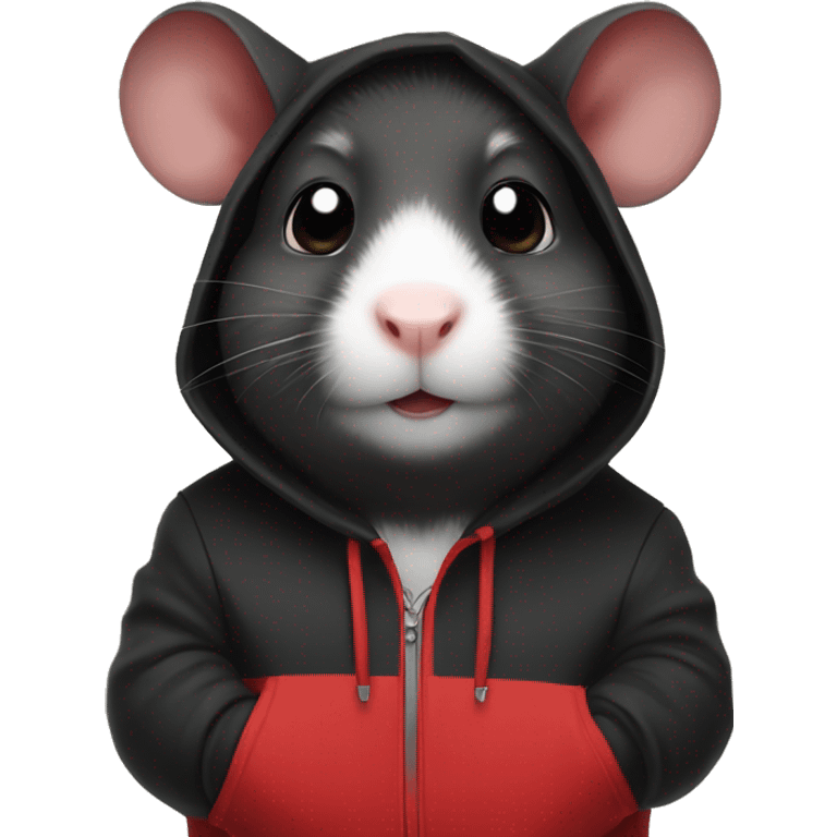 Black hamster wearing a red hoodie emoji