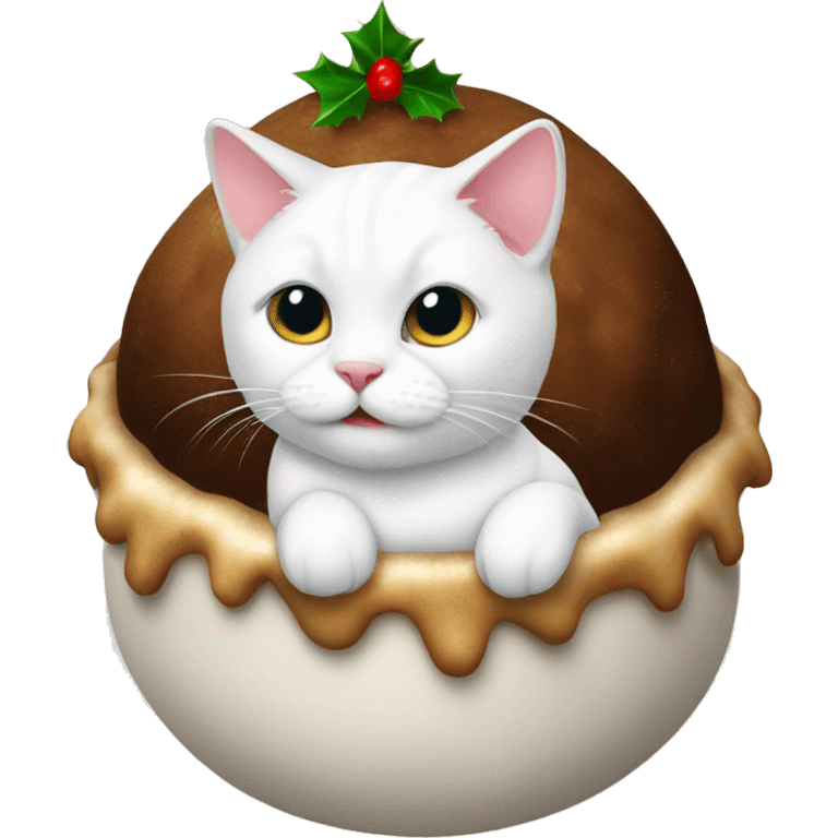 A white cat in a Christmas pudding petbed emoji