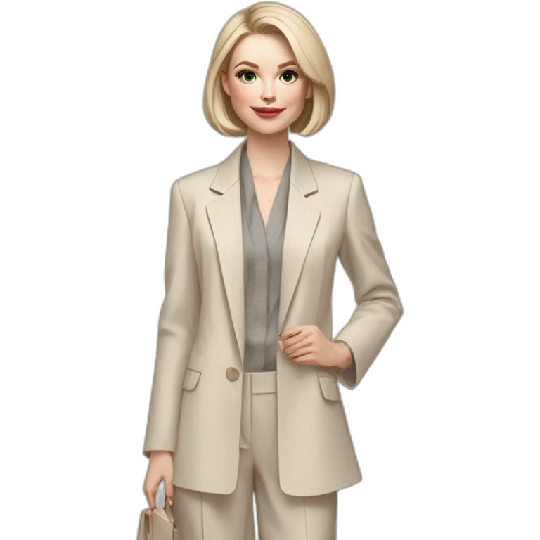 pale skin woman with ash blonde Straightened bob Hair, White Spacious classical jacket, beige palazzo Arrow pants and gray blouse holding a color palettes in the hands emoji