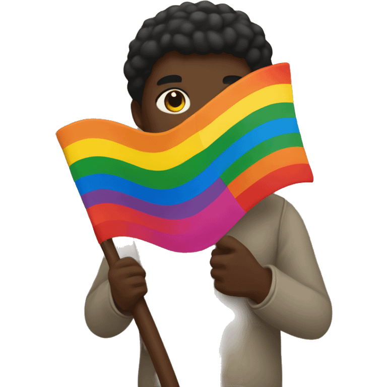 Dark skin colour person holding gay flag  emoji