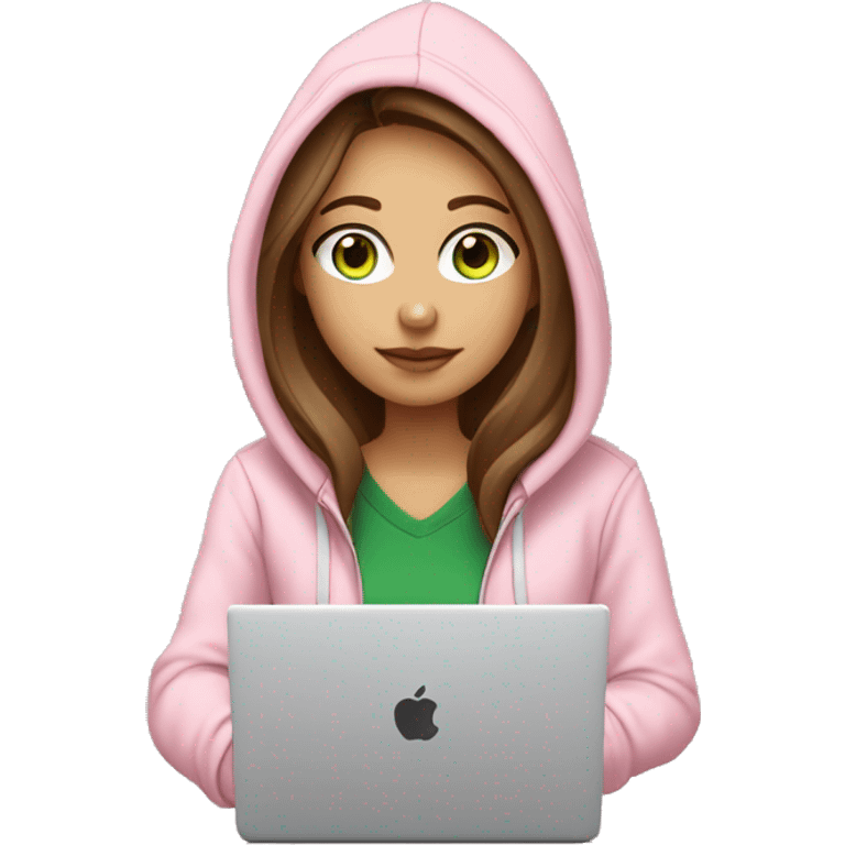 a girl with brown long hair, light beige skin, green eyes, is working relaxed at a modern laptop in a monochrome pale pink zip hoodie with a hood and a pink monochrome T-shirt emoji