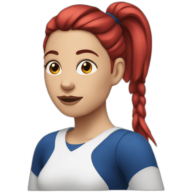 white woman with a ponytail and dark blue to red  hairs and hoops emoji