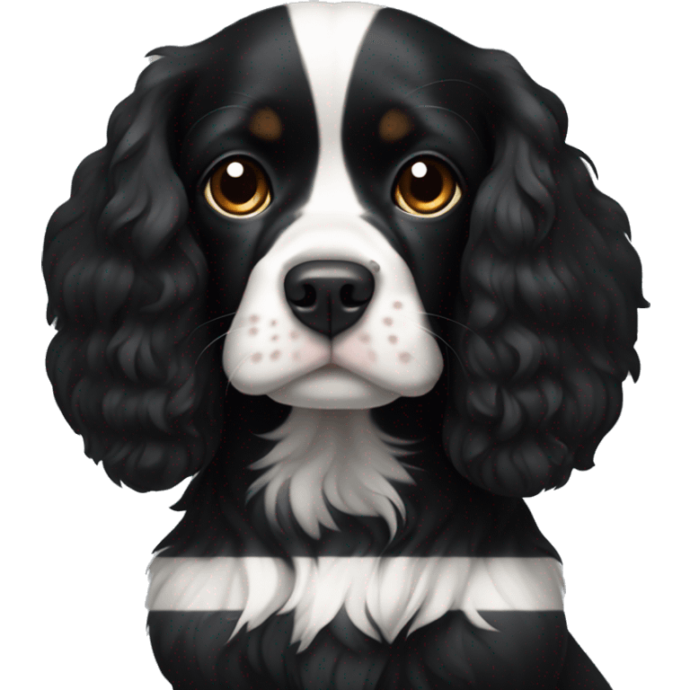 Small completely black king spaniel with black fur on his whole face and white stripe on chest emoji