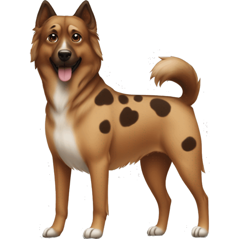 brown and dark brown Eurasian dog standing. His face and back is covered in dark brown spots emoji