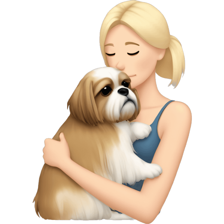 Sad blonde woman cuddling tan shih tzu  emoji