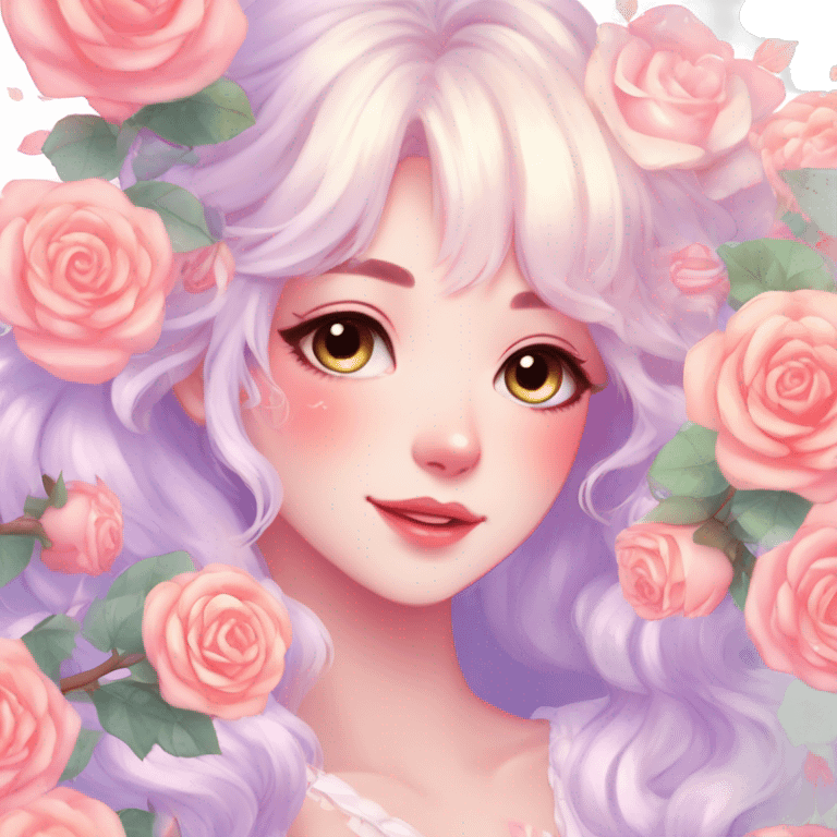 Gorgeous pastel shiny pearly colorful anime style lady with blushing face and roses leaves shiny cottagecore fairycore pastelcore aesthetic trending style emoji