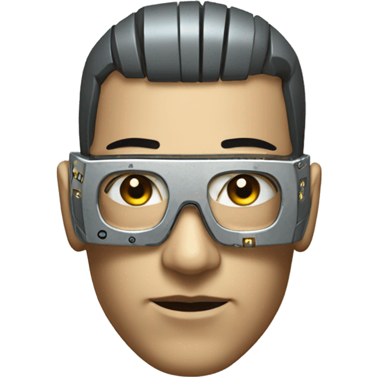 Male cyborg head with metallic skin, flat top, rectangular glasses and circuits emoji