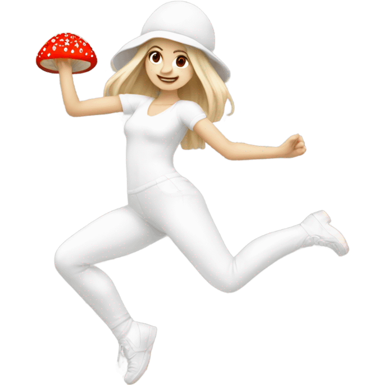 White Girl wearing an all white dancing outfit dancing with a red and white mushroom  emoji