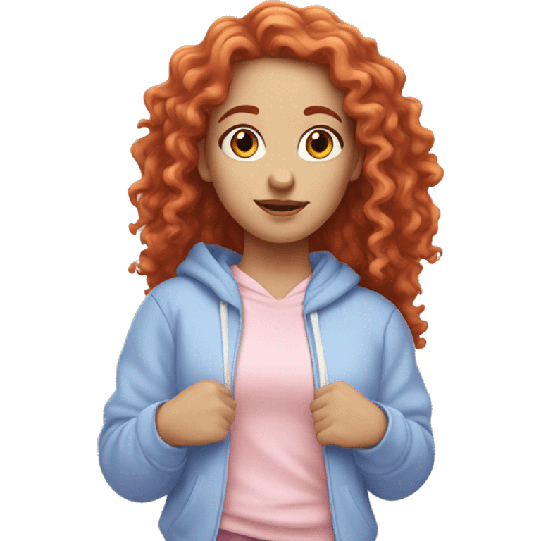 white girl with long red curly hair, wearing a pastel periwinkle hoodie doing a pose emoji