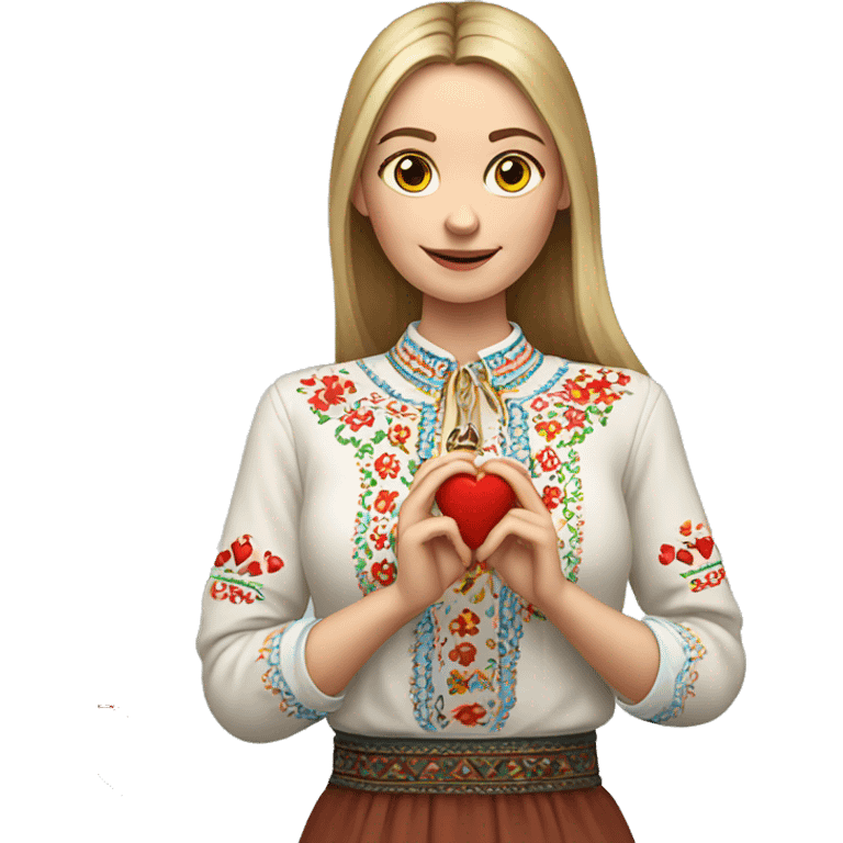 A Ukrainian woman in an embroidered shirt holds a heart in her hands emoji