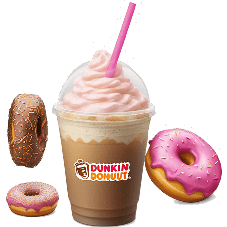 Realistic Dunkin Donut Iced Coffee with pink frosted donut with orange sprinkles emoji